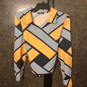 Stripe pattern, nice material, tie in back that adjusts to your liking